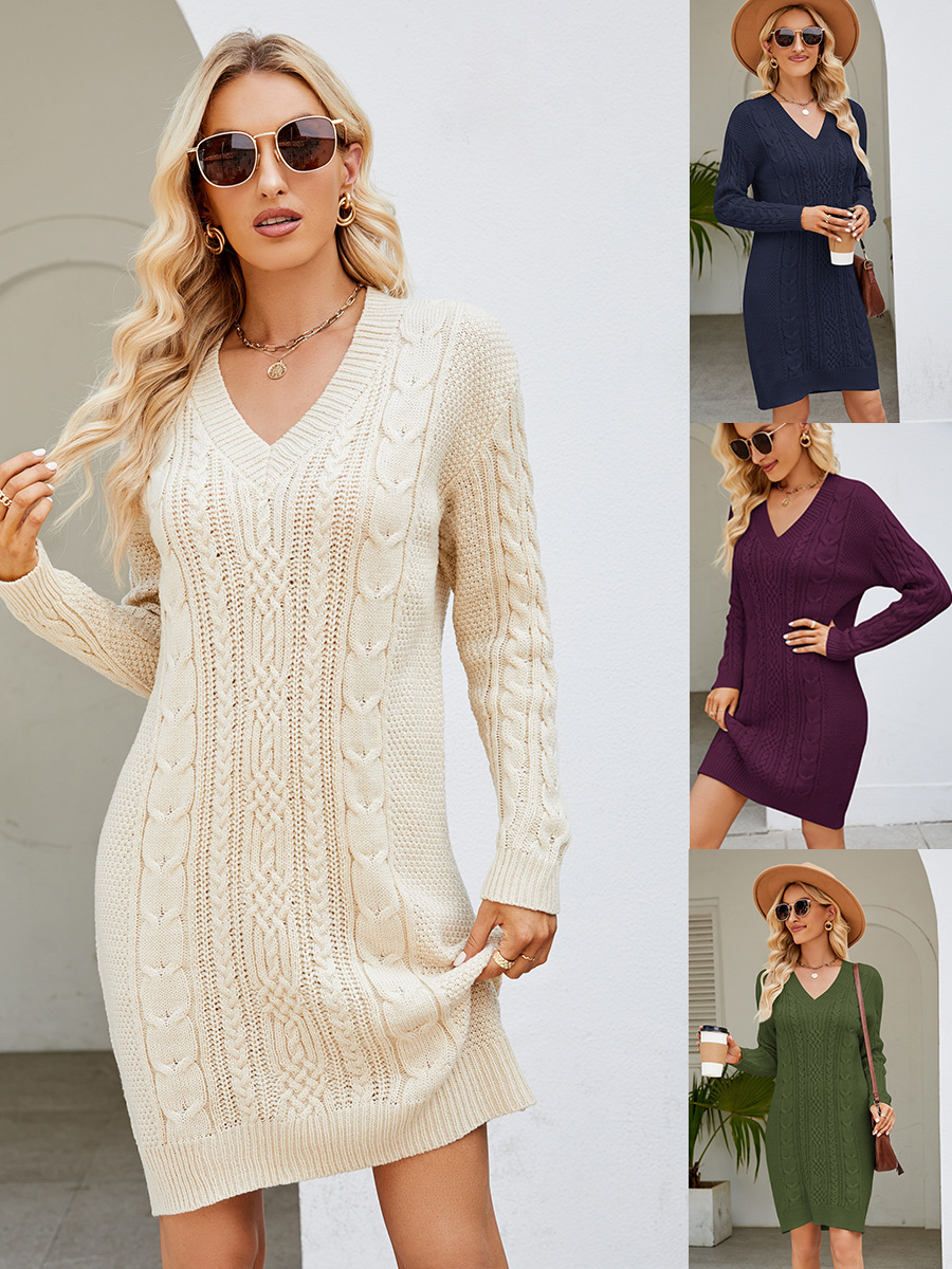 Womens Cable Knit Sweater Dress V-Neck Long Sleeve Winter Dress